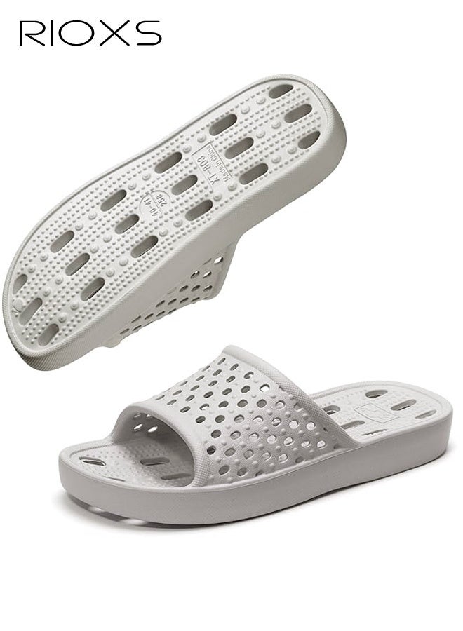 RIOXS Slippers For Men Women, Quick Drying Shower Slippers With Drainage Holes, Soft Comfortable Slippers, Unisex Flat Sliders, Non-Slip Bath Slippers, Bathroom Slippers For Indoor Outdoor Poolside Use, Lightweight Dorm Home Slide Sandals, Light Gray - Image 2